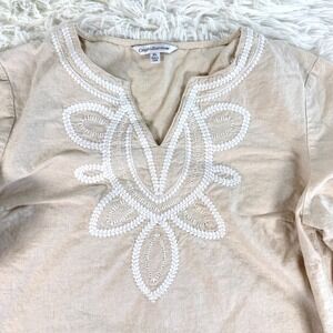 Croft & Barrow Beige Linen Cotton Embroidered Tunic Top Shirt XL Boho Beach
